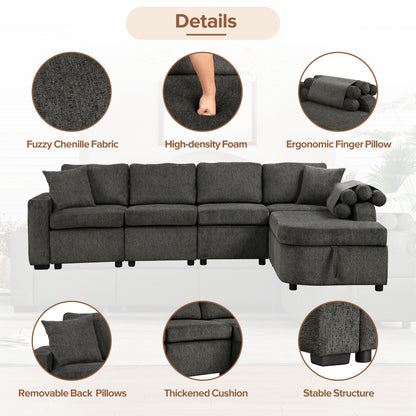 109.8"L-shaped Couch Sectional Sofa with Storage Chaise,Cup Holder and USB Ports for Living Room, Black