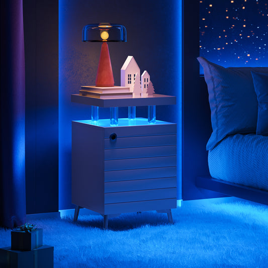 LED Nightstand LED Bedside Table End Tables Living Room with 4 Acrylic Columns, Bedside Table with Drawers for Bedroom Blue