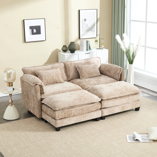 UNITED WE WIN Chenille fabric, solid construction, the overall structure of the sofa is stable, detachable armrests, two foot stools and two-seat sofa with side pockets