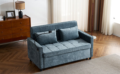 56.9" Loveseat Sofa Pull-out Sofa Bed Sleeper Sofa with a Reversible Backrest Cushion, Side Pockets, Two USB Ports and a Phone Holder for Living Room, Blue