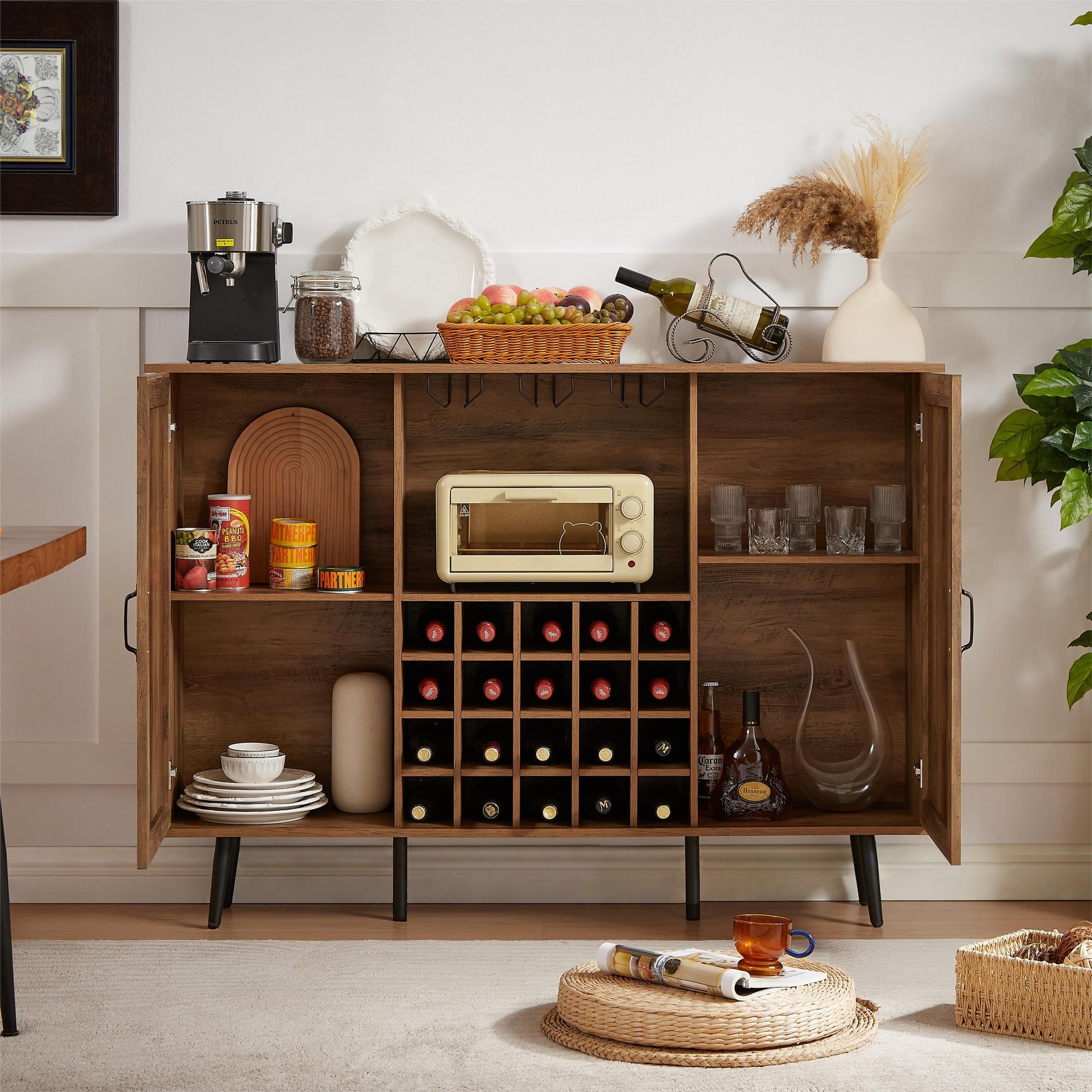 Oak Color Faux Rattan Barn Door Wine Cabinet with Wine Rack and Wine Glass Rack, Double Door Design with Removable Shelves, Rustic Wood Storage Cabinet