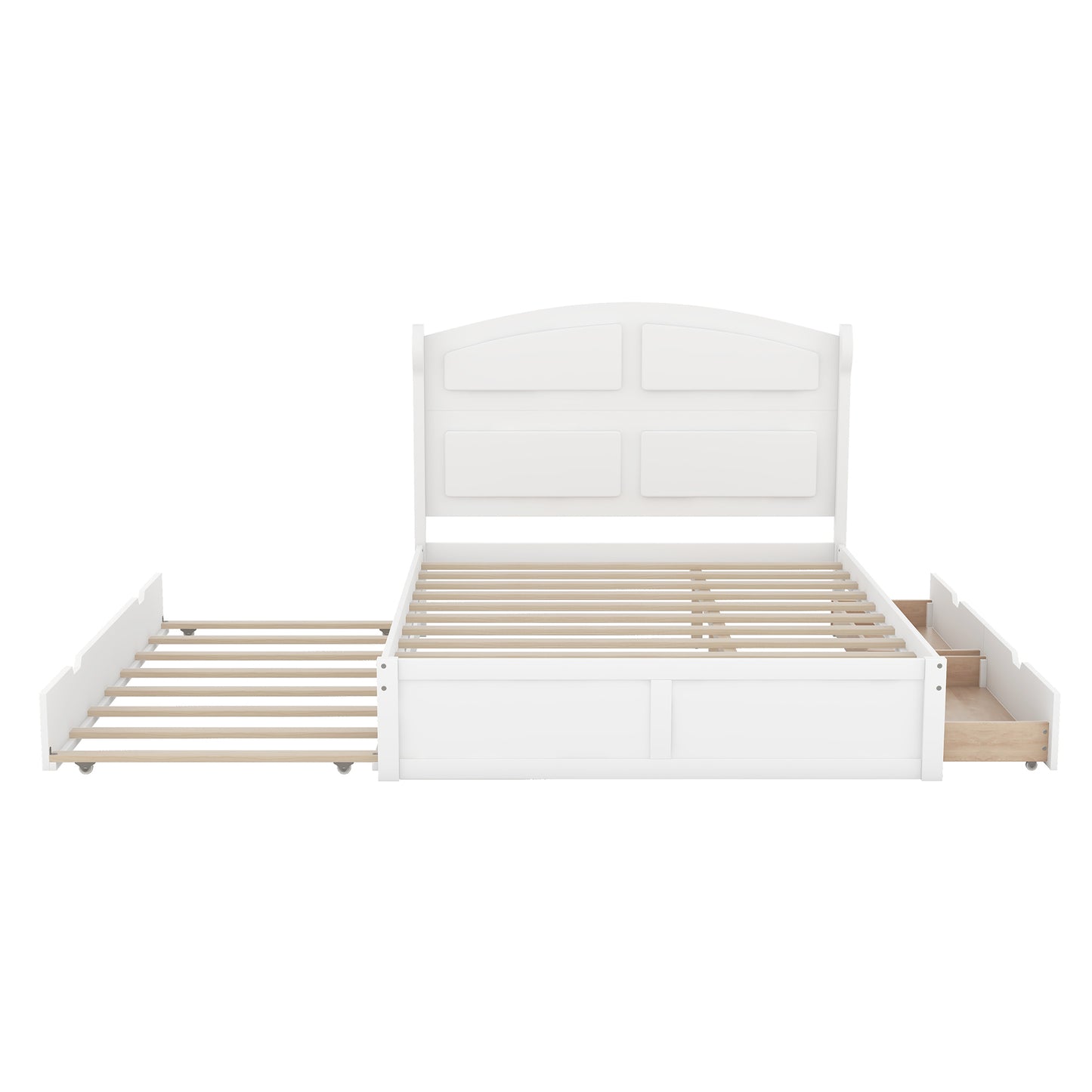 Wood Queen Size Platform Bed with Twin Size Trundle and 2 Drawers, White