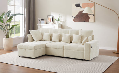 96.45"Sectional sofa Modular Sofa Couch with Three USB Ports, a Removable Storage Ottoman and Five Back Pillows for Living Room, Beige