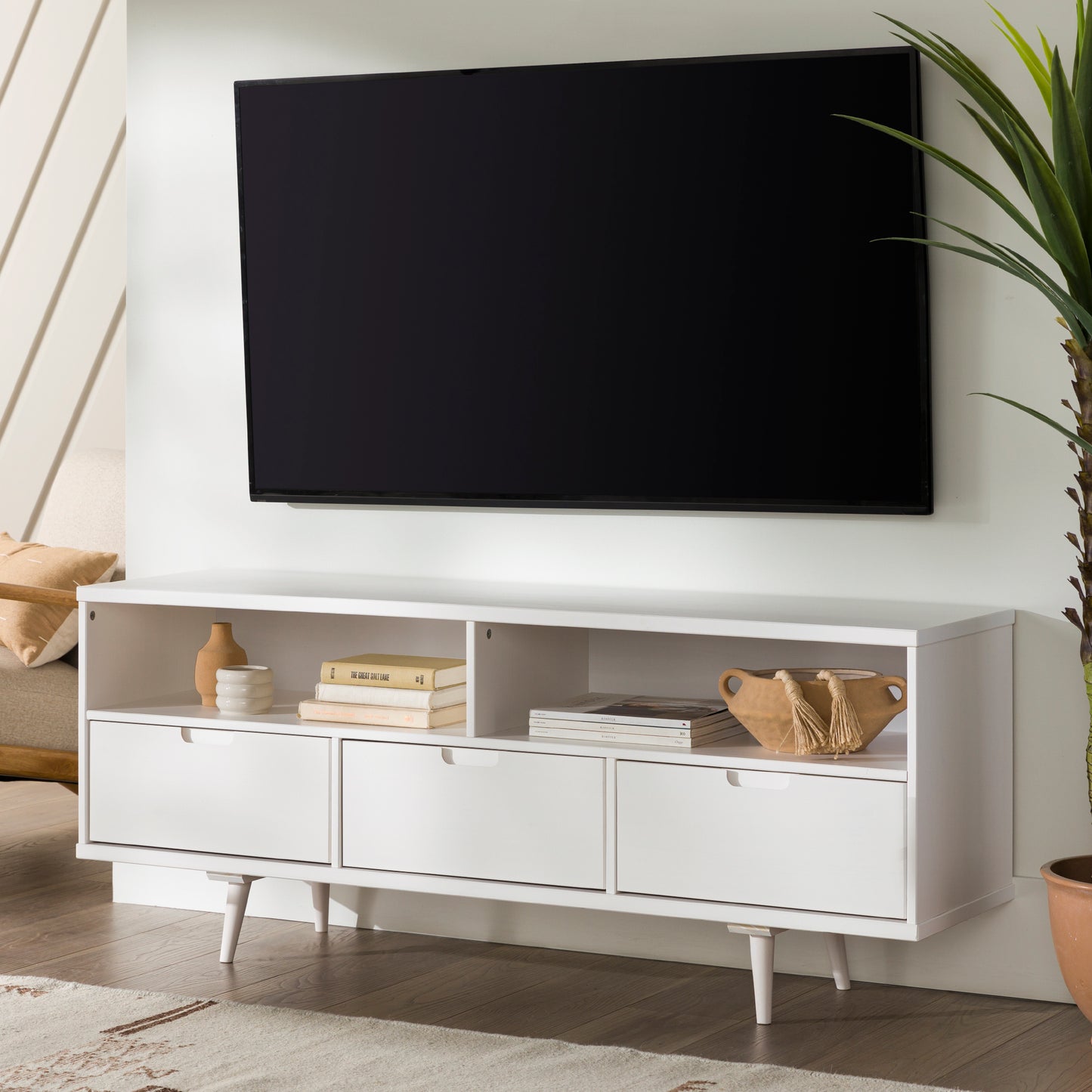 Mid-Century Modern 3-Drawer Solid Wood TV Stand for TVs up to 65" - White