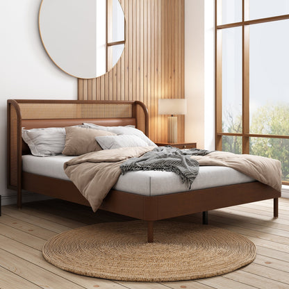 Yara Modern Cannage Rattan Wood Platform Queen Bed