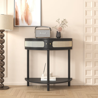 Unique Half Moon Design End Table with Rattan Door,Elegant Semicircle Sofa Side Table with 2 Rattan Storage Cabinet and Bottom Shelf for Living room, Bedroom