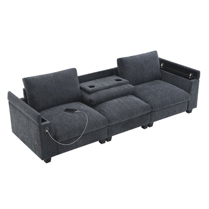 96*35''Chenille Sectional Sofa with Bluetooth Speaker,Comfy Cloud Couch Set with Drop Down Table,Cup Holders,USB Charger,Storage Armrest,Wide Seat Sofa for Living Room,Apartment,Office,3 Colors