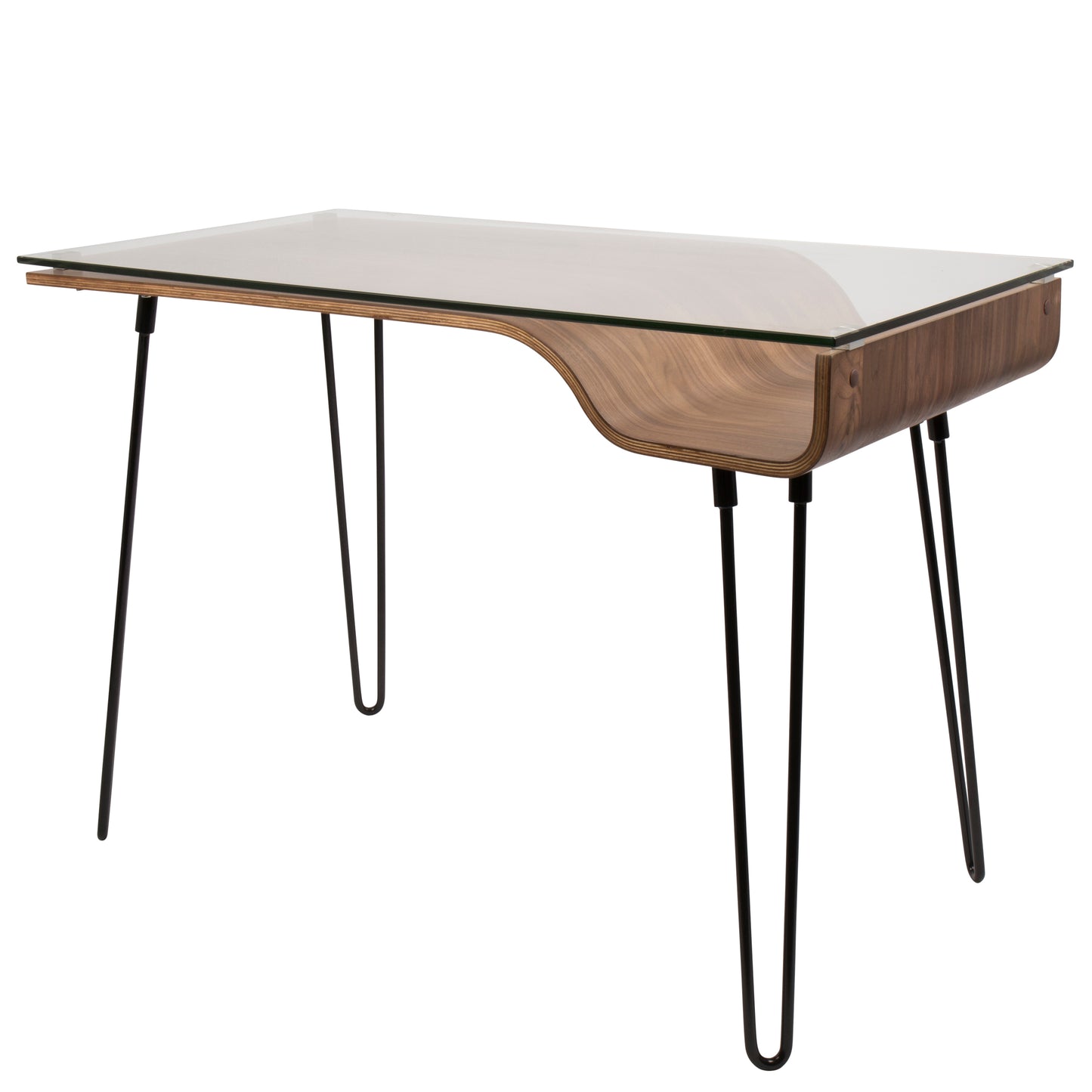 Avery Mid-Century Modern Desk in Walnut Wood, Clear Glass, and Black Metal by LumiSource