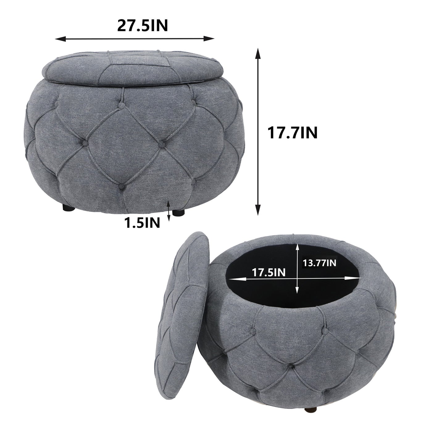 Large Button Tufted Woven Round Storage Ottoman  for Living Room & Bedroom,17.7"H Burlap Grey