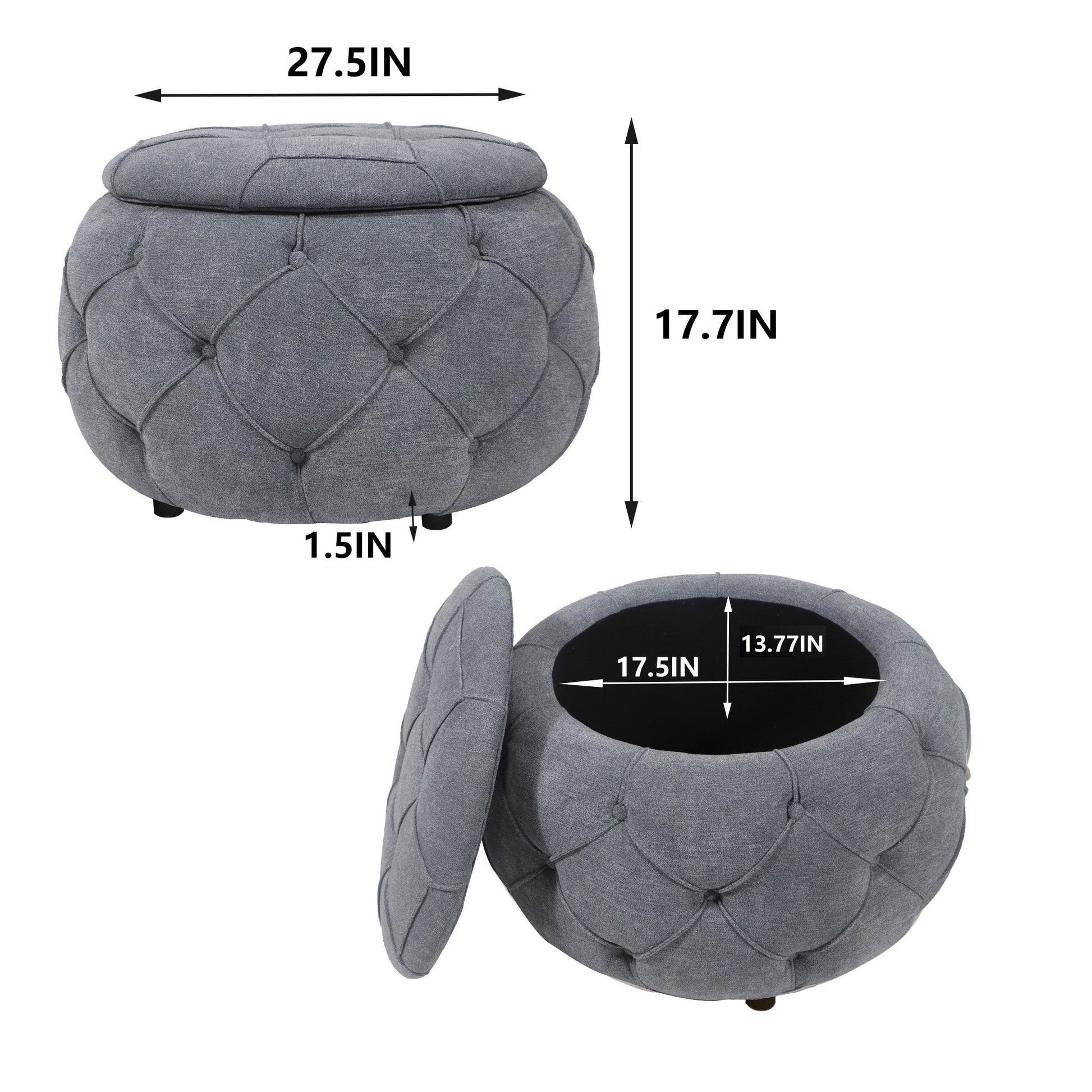 Large Button Tufted Woven Round Storage Ottoman  for Living Room & Bedroom,17.7"H Burlap Grey