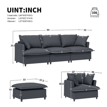 [New+Video] 3 Piece Living Room Sofa Set,Modular L Shaped Chenille Sectional Couch,Upholstered 3 Seater Sofa & Armchair & Movable Ottoman,5 Seat Indoor Furniture for Office,Bedroom,Apartment,2 Colors