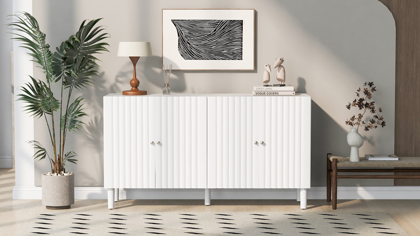 U_STYLE Elegant Four-Door Sideboard with Wavy Pattern Doors, Cylindrical Legs, and Sleek Metal Handles, Adjustable, Suitable for Study, Entryway and Living Room