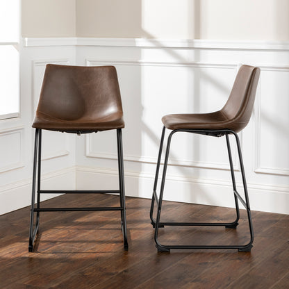 Industrial Faux Leather Counter Stools, Set of 2 - Brown