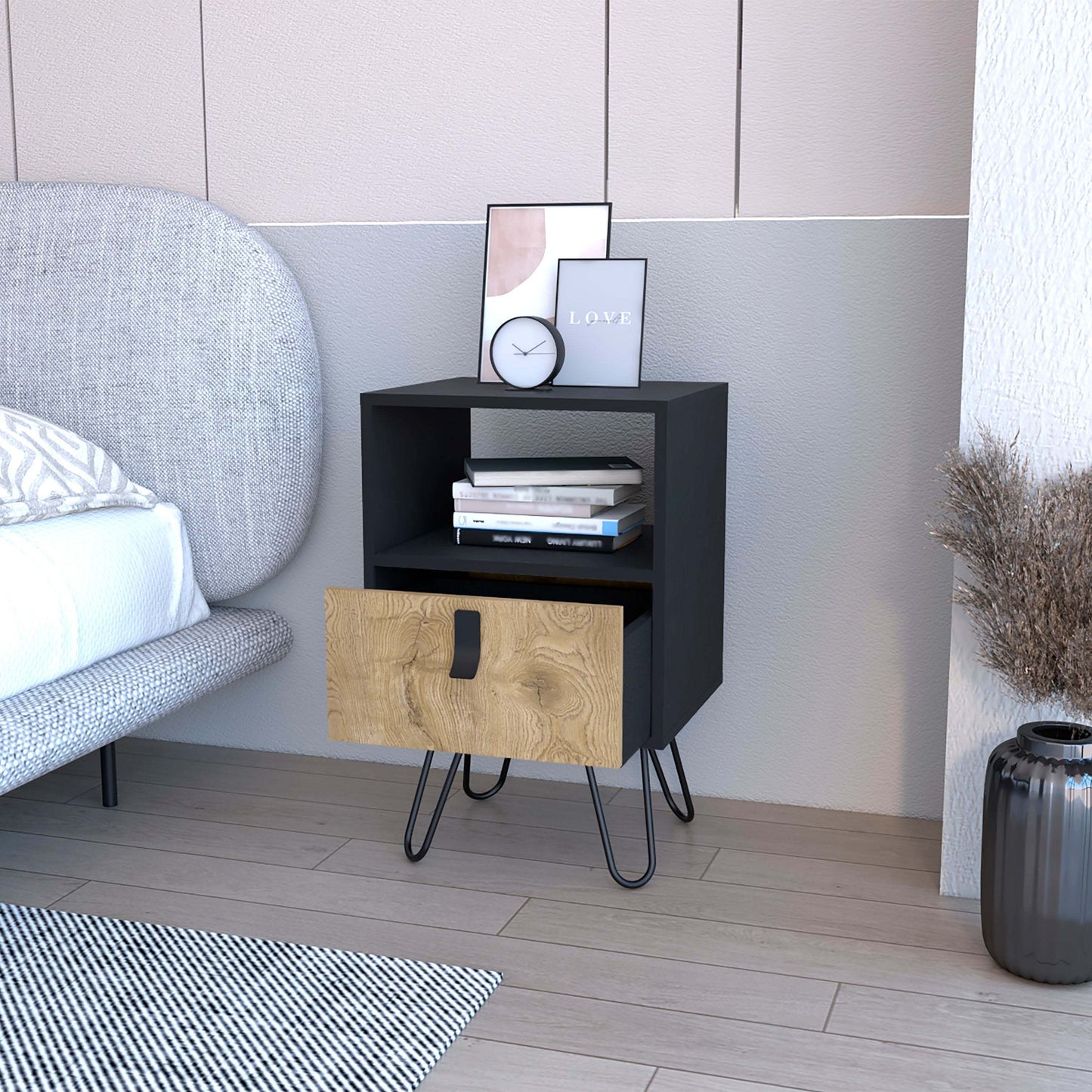 Chase Black and Macadamia Hairpin Legs Nightstand