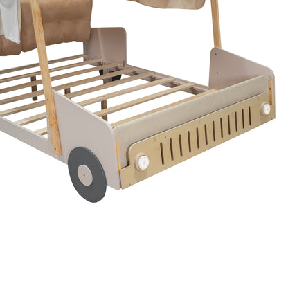 Wood Full Size Car Bed with Pillow, Ceiling Cloth and LED, Natural