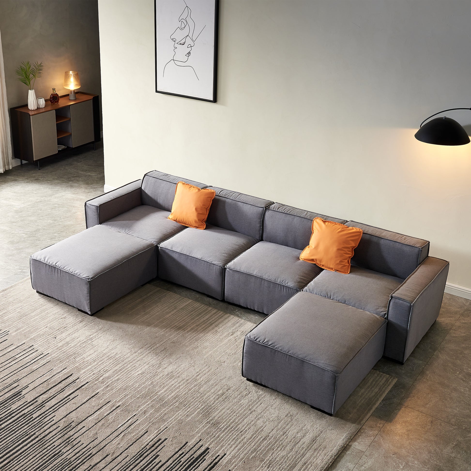 Modular U Shape Sectional Fabric Sofa (Grey)