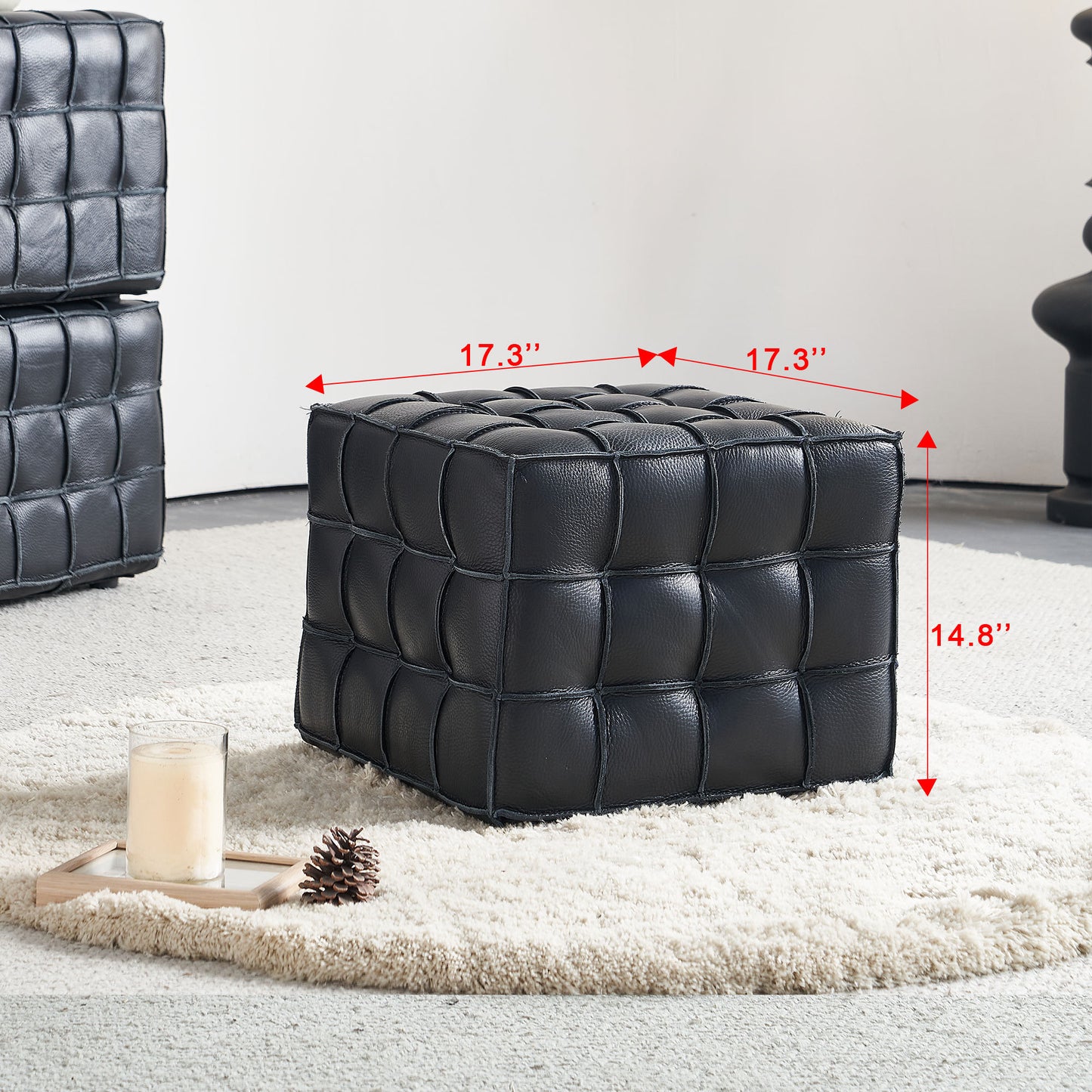 17.32''W Genuine Leather Tufted Ottoman,Footstool for Living Room & Bedroom,Black Color