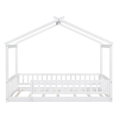 Twin Size Wood Bed House Bed Frame with Fence, for Kids, Teens, Girls, Boys,White