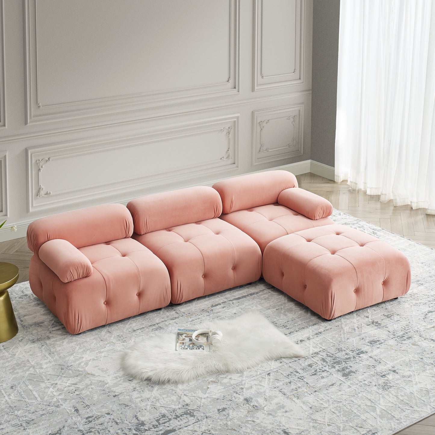 Modular Sectional Sofa, Button Tufted Designed and DIY Combination,L Shaped Couch with Reversible Ottoman, Pink Velvet