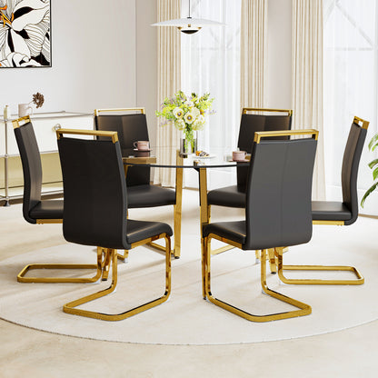 Table and chair set.Modern Luxurious Round Tempered Glass Dining Table Set-40*40 inch with 6 Black PU Chairs.C-tube Gold Metal Chair Legs.Bring a comfortable home experience to the kitchen, bedroom.