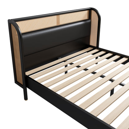 Yara Modern Cannage Rattan Wood Platform Queen Bed