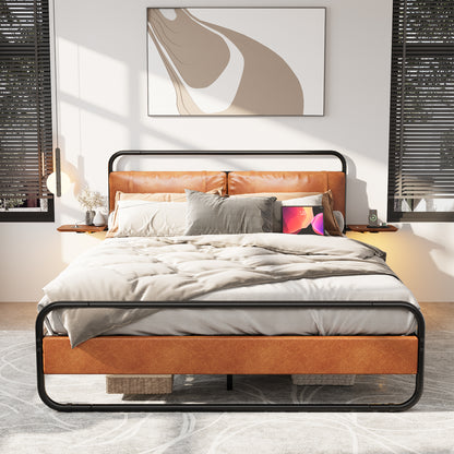 Queen Size Metal Bed Frame with Upholstered Headboard,  with wireless charging and USB A & USB C, Touch LED light,Oval-Shaped Platform Bed with Under-Bed Storage, No Box Spring Needed, Vintage Brown