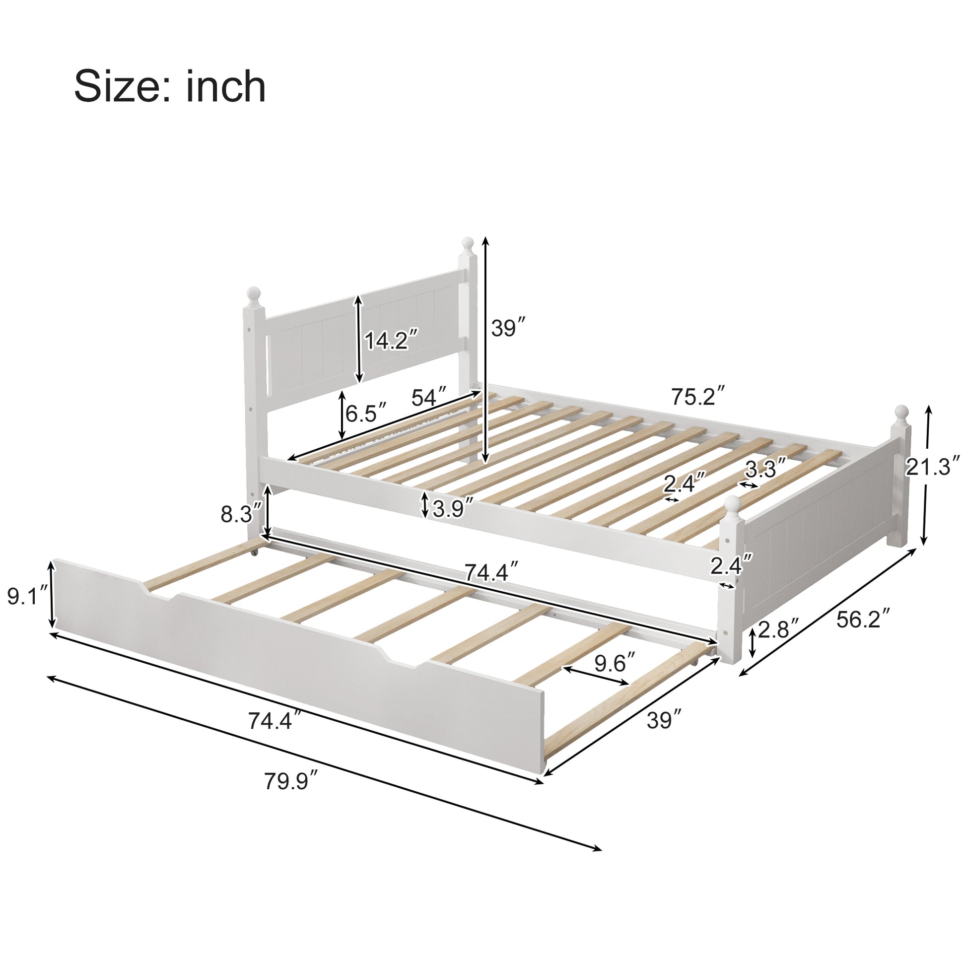 Full Size Solid Wood Platform Bed Frame with trundle for Limited Kids, Teens, Adults, No Need Box Spring, White