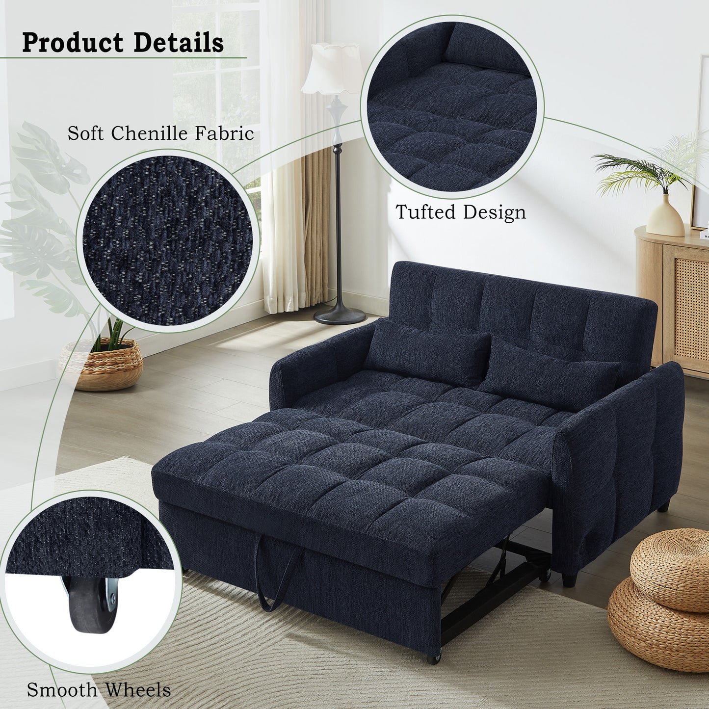 52.8" Loveseat Sofa Pull-out Sofa Bed Tufted Sleeper Sofa with an Adjustable Backrest, Three USB Ports and Two Lumbar Pillows for Living Room, Blue