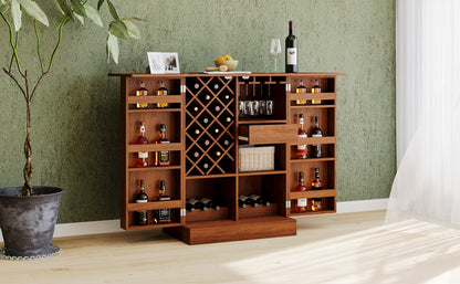 41.9" Home Bar Cabinet, Industrial Walnut Rattan Door Fold Out Bar Cabinet with Storage Bar Table