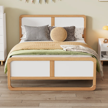 Modern Style Queen Size Solid Wood Platform Bed for  Kids, Teens, Adults, No Need Box Spring, Walnut and White