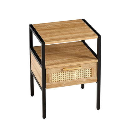 Set of 2, 15.75" Rattan End table with  drawer, Modern nightstand, metal legs,side table for living room, bedroom,natural