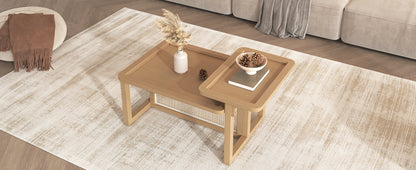 Modern 2 Piece Nesting Rattan Wood+ MDF Coffee Table Set in Natural