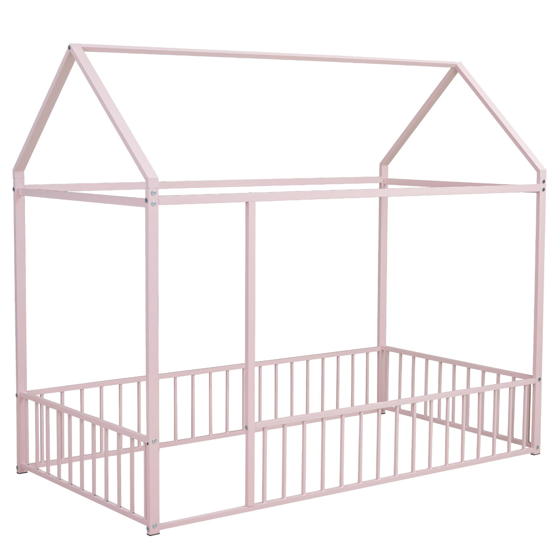 Twin Size Metal Bed House Bed Frame with Fence, for Kids, Teens, Girls, Boys, Pink