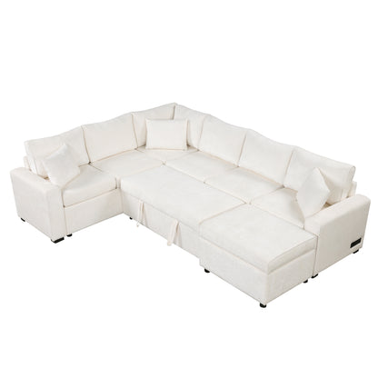 112.2" Sectional Sofa Pull-out Sofa Bed Sleeper with a Storage Ottoman,Three Pillows and Charging Devices for Living Room, Cream