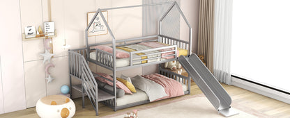 Twin over Twin Metal Bunk Bed House Bed with Slide and Staircase, Silver