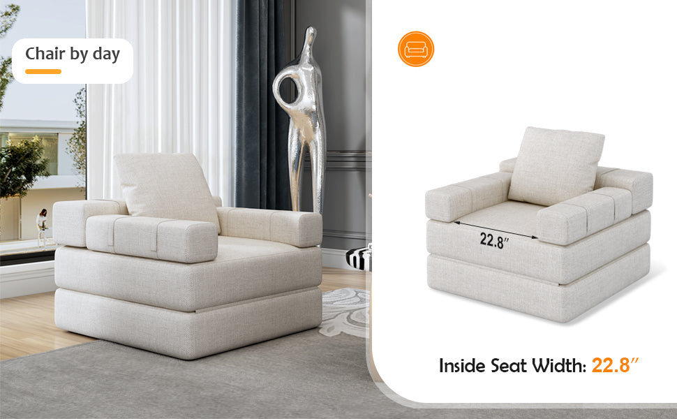 Single sofa chair that converts to a single sofa bed for living room, guest room, playroom, white