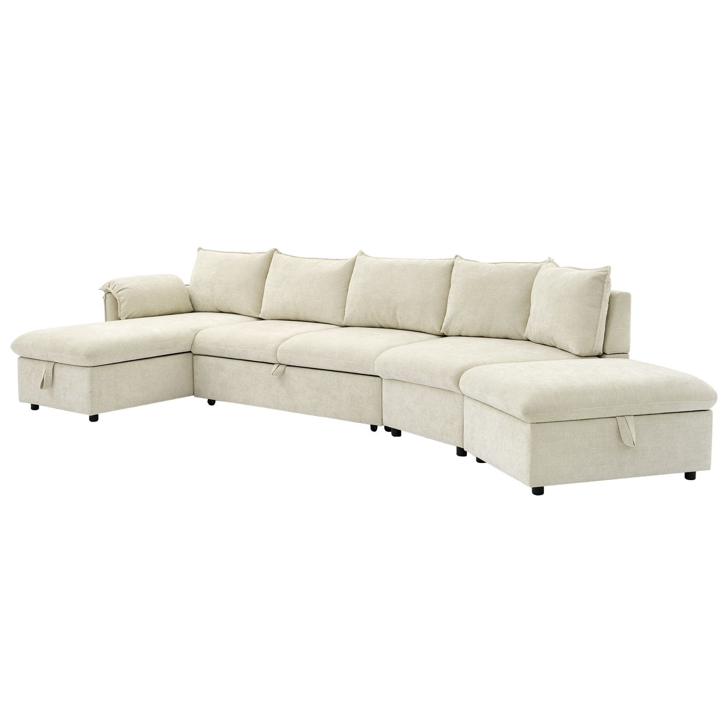 146.9" L-shaped Sofa Sectional Sofa Couch Pull-out Sofa Bed with a Movable Storage Ottoman, a Storage Chaise Lounge and Two USB Ports for Living Room, Beige