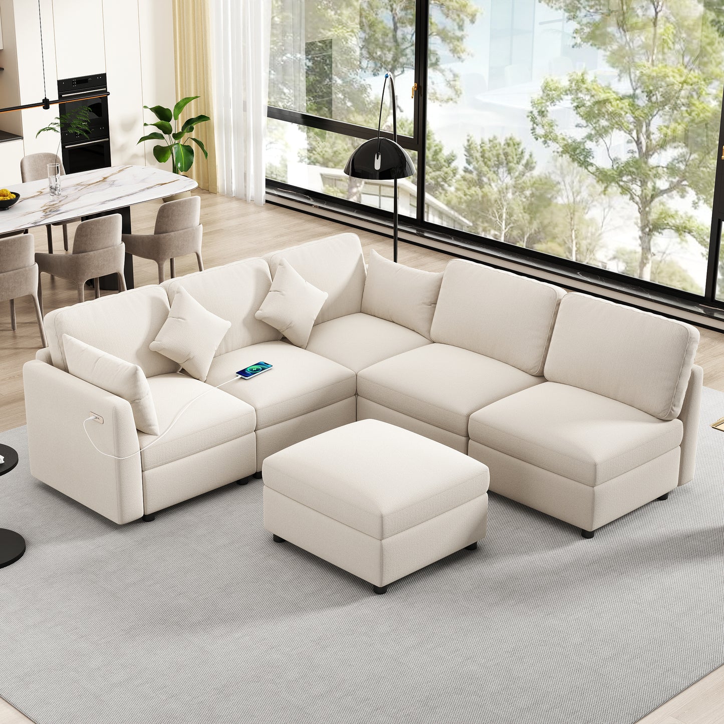 85.4" Sectional Sofa Modular Sofa U-shaped Sofa Couch Sofa Bed L-shaped Sofa with a Movable Ottoman and Two USB Ports for Living Room, Beige