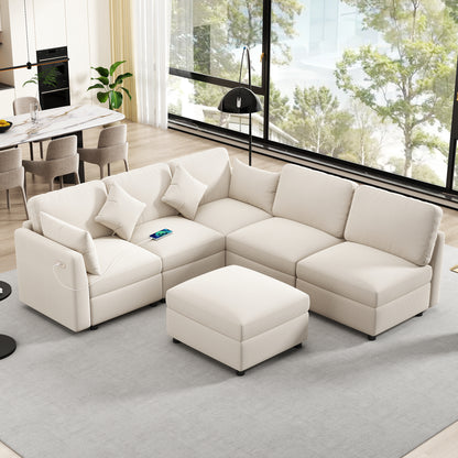 85.4" Sectional Sofa Modular Sofa U-shaped Sofa Couch Sofa Bed L-shaped Sofa with a Movable Ottoman and Two USB Ports for Living Room, Beige