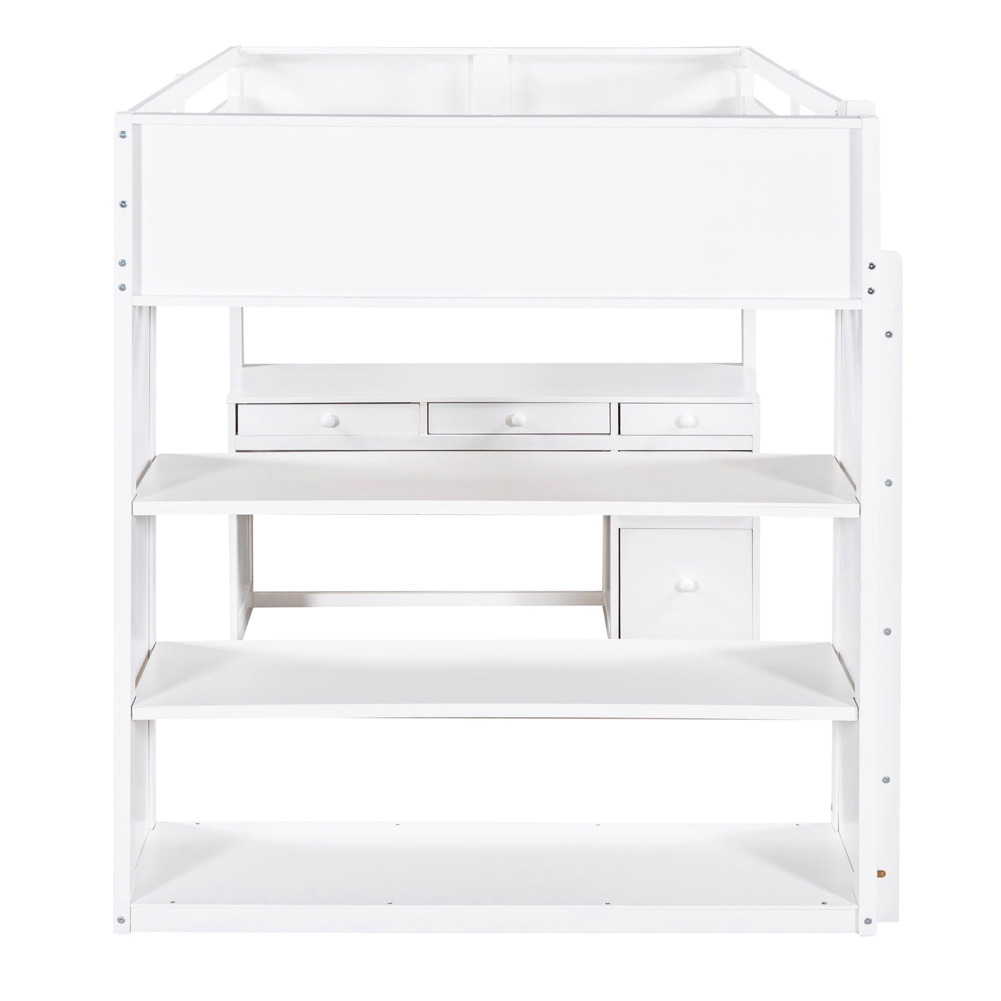 Full Size Loft Bed with Ladder, Shelves, and Desk, White