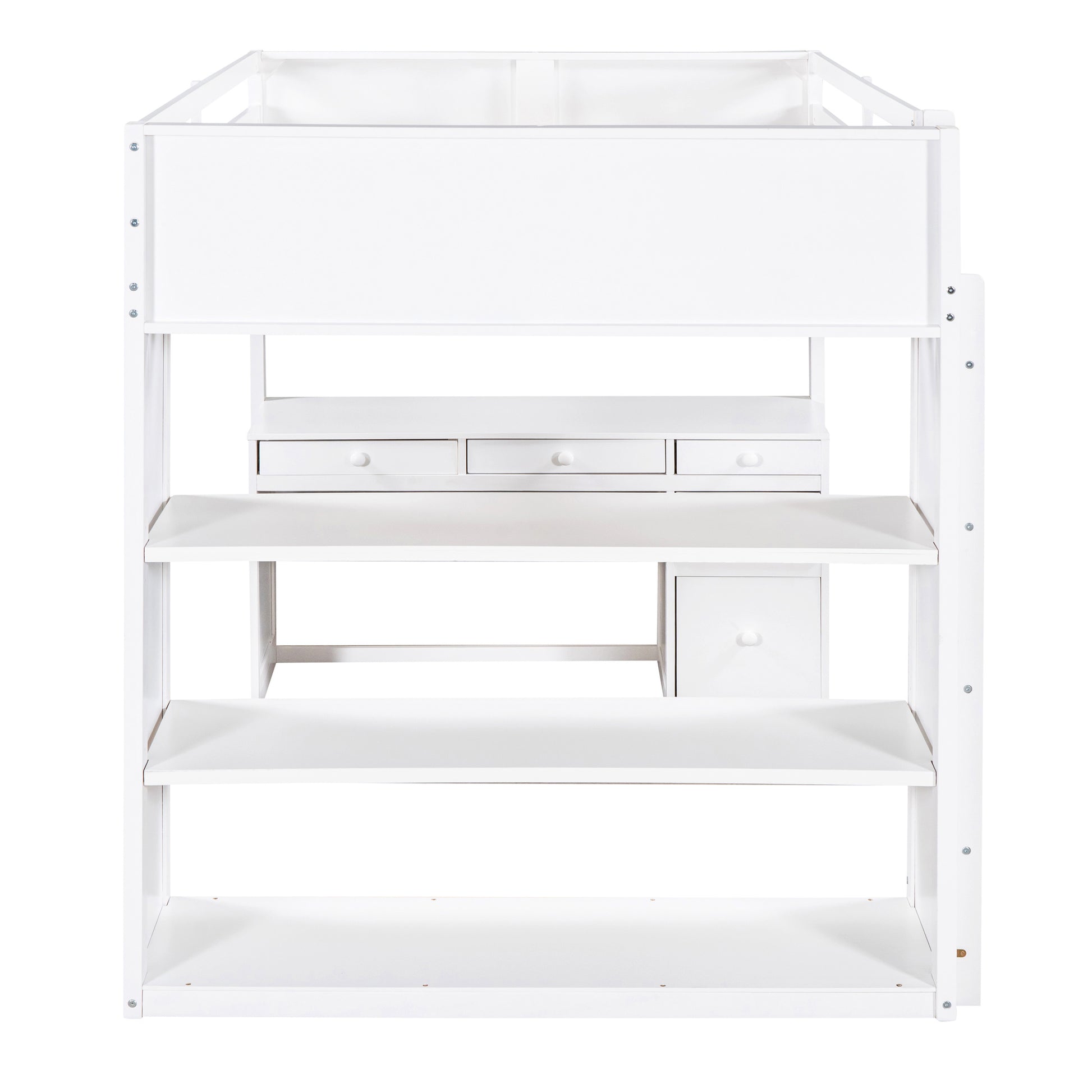 Full Size Loft Bed with Ladder, Shelves, and Desk, White