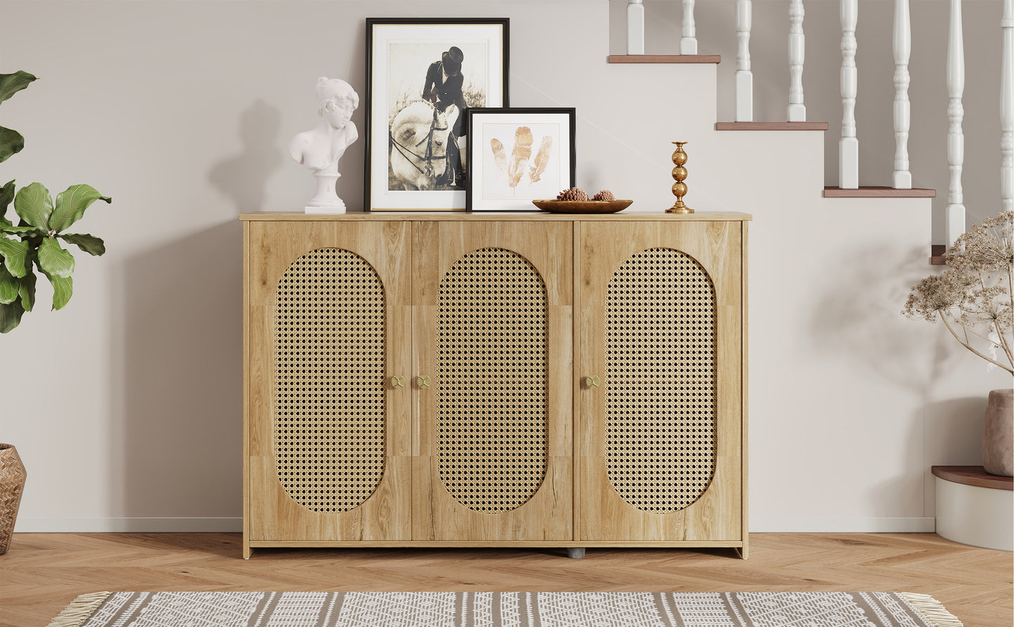 TREXM Retro 3-Door Sideboard with Large Storage Space Artificial Rattan Doors and Metal Handles, Accent Cabinet for Living Room and Hallway (Natural Wood)