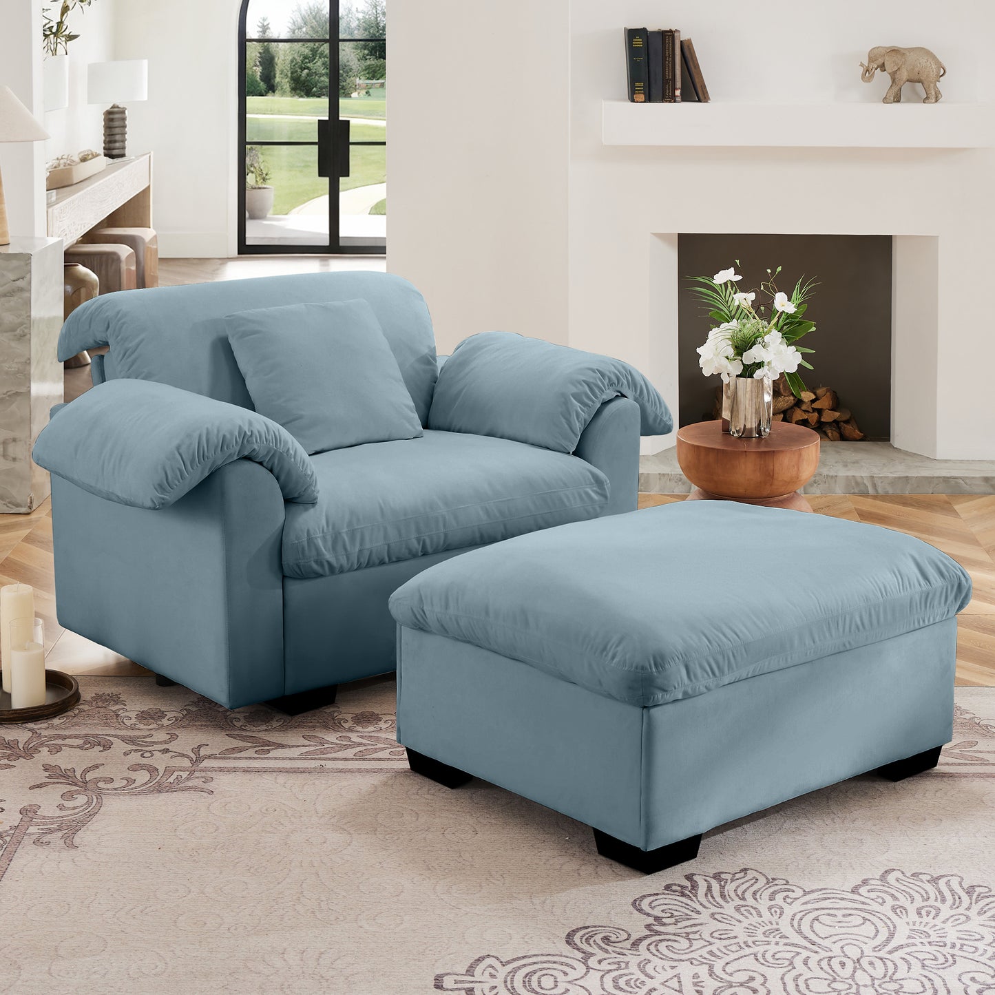 Upholstered Deep Seat Sofa with Fluffy Armrest Pillows and Backrest,Velvet Fabric Single Accent Chair with Ottoman, Both Seat and Ottoman Has Storage Space,Reading Accent Chair Set for Living Room Bed