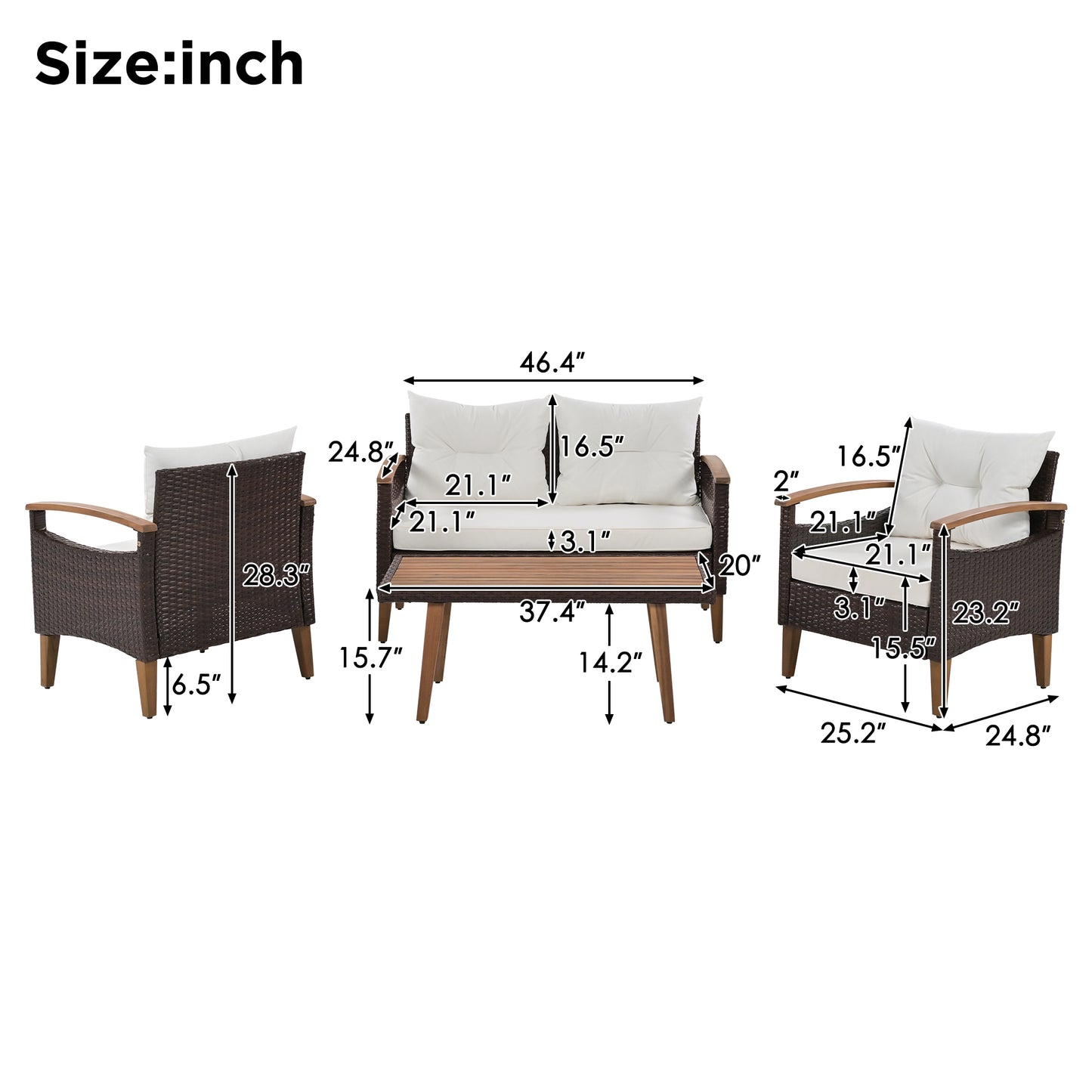 GO 4-Piece Garden Furniture,  Patio Seating Set, PE Rattan Outdoor Sofa Set, Wood Table and Legs, Brown and Beige