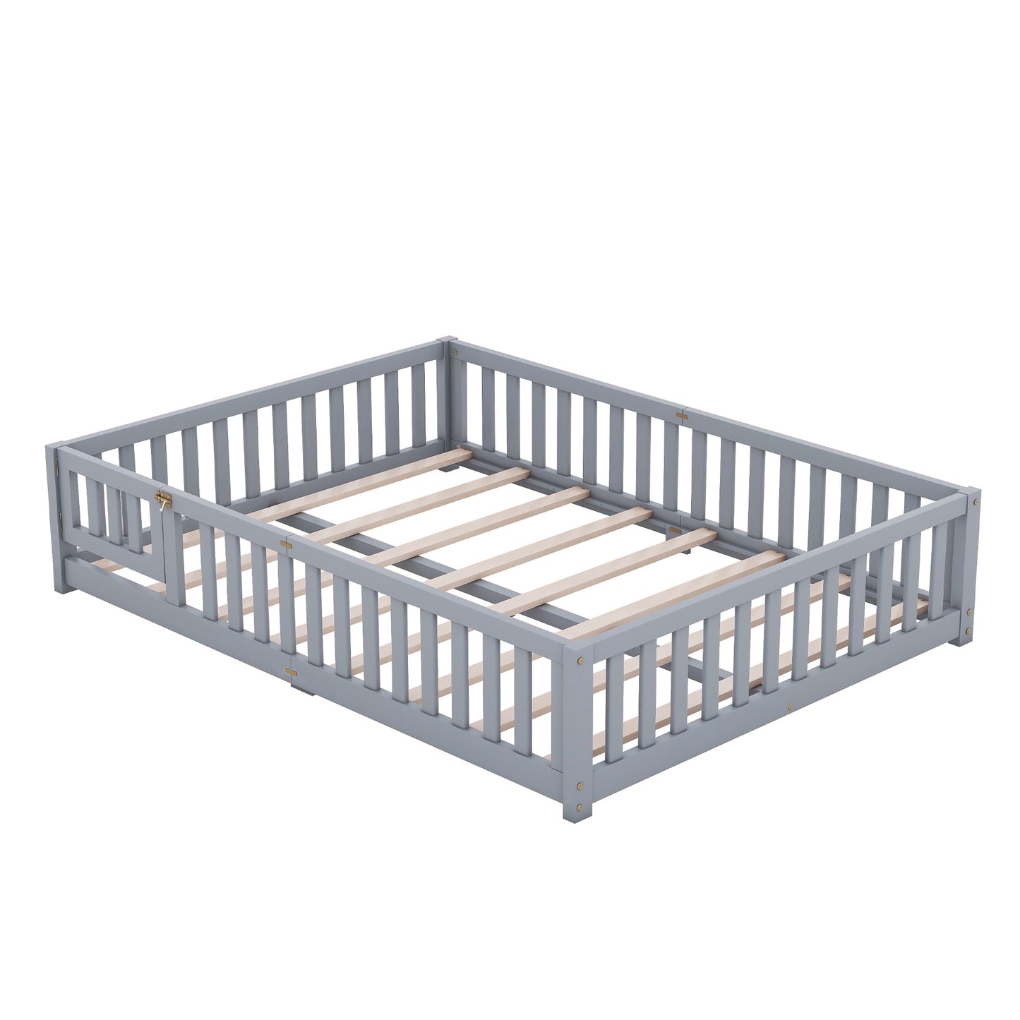 Queen Size Bed Floor Bed with Safety Guardrails and Door for Kids, Gray