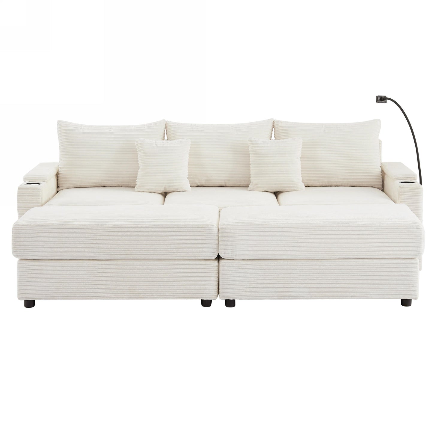 95.3" Modern Style 3-Seater Sofa Sectional Sofa Couch with Storage Space, Two Movable Ottomans, Two USB Ports, Two Cup Holders, A Phone Holder for Living Room, Beige