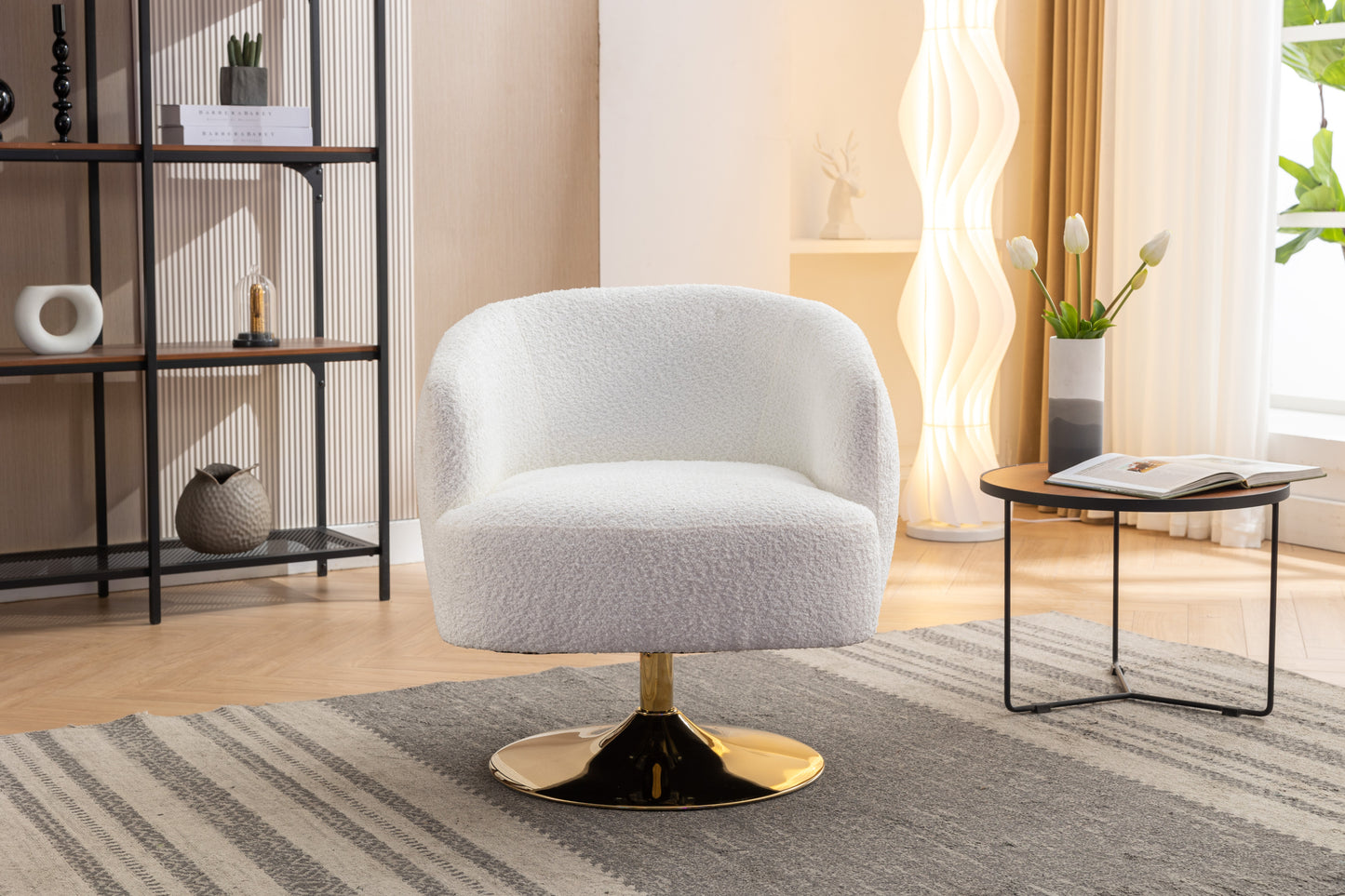 048-Chenille Fabric Accent Swivel Chair With Gold Metal Round Base,White