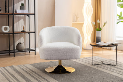 048-Chenille Fabric Accent Swivel Chair With Gold Metal Round Base,White