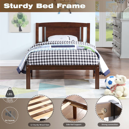 Twin Size Bed, Wood Platform Bed Frame with Headboard For Kids, Slatted, Dark Walnut