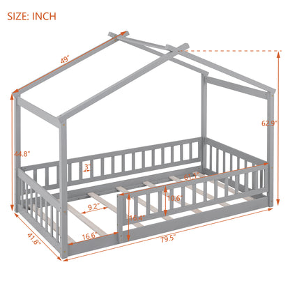 Twin Size Wood Bed House Bed Frame with Fence, for Kids, Teens, Girls, Boys, Gray